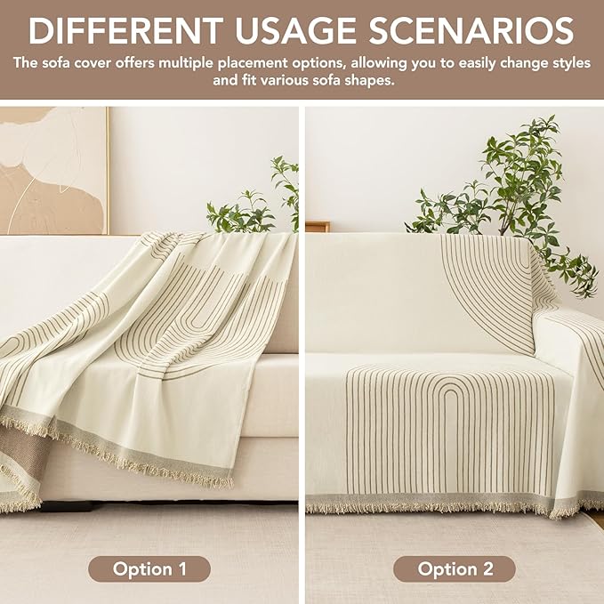 Couch Cover for Dogs, Boho Sofa Covers for 3 Cushion Couch, Chenille Sofa Slipcover for Pets Washable, L-Shape Sectional Couch Loveseat Cover Soft Throw Blankets with Tassels(91x118,Arc Beige)