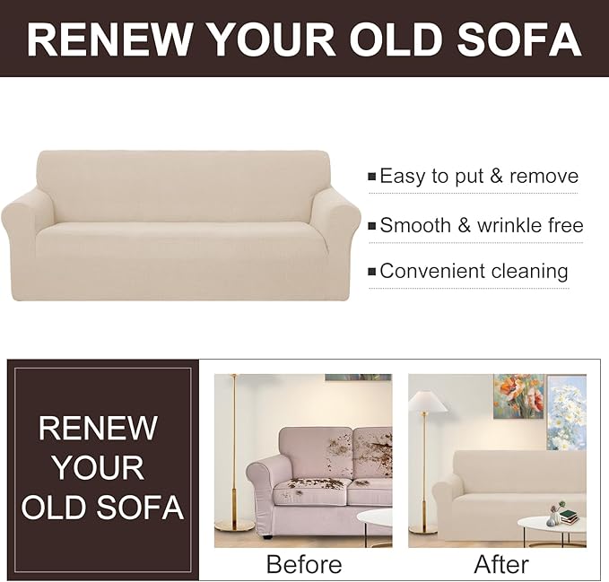 U-NICE HOME Oversized Stretch Loveseat Couch Cover Sofa Covers Washable Sofa Slipcover Furniture Protector for 2 Cushion Couch Sofa Pet Friendly, Beige