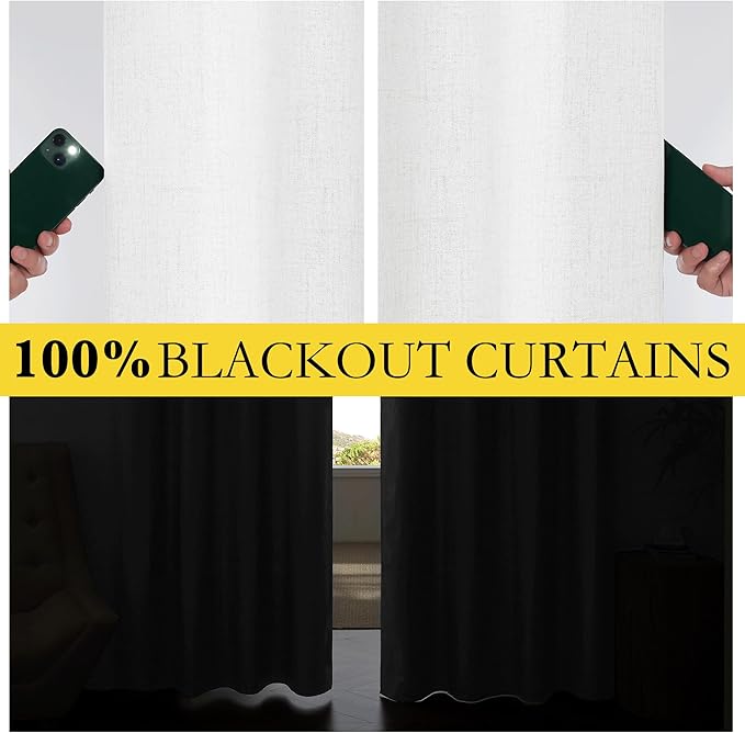 NICETOWN 100% Absolutely Blackout Linen Curtains with Thermal Insulated Liner, Greyish White, 42" Wide, 84" Length Energy Saving Curtains for Living Room 2 Panels Set, Vertical Blinds