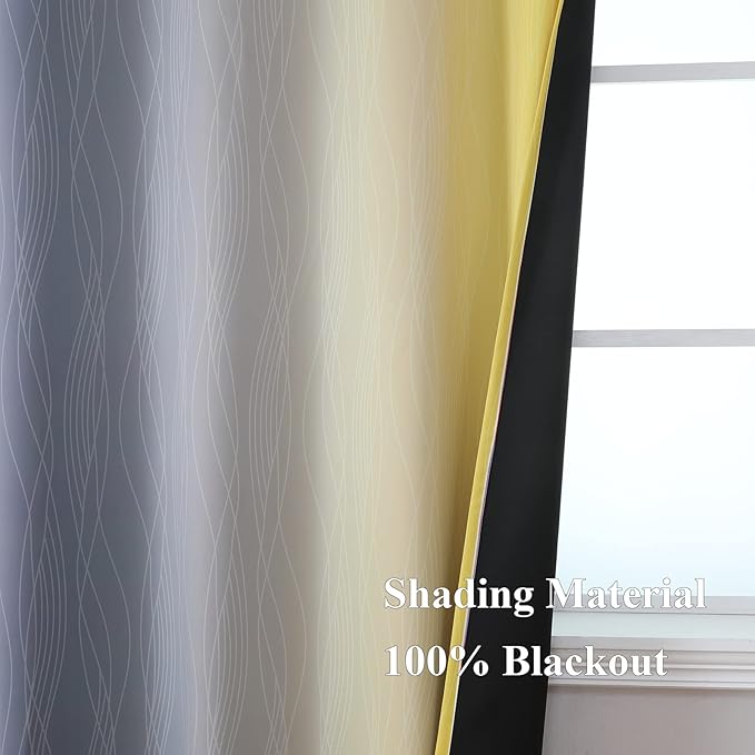 Grey and Yellow Blackout Curtains 84 Inch Length 2 Panels Set, Blackout Curtains for Living Room, Thermal Insulated Gradient Drapes, Light Blocking Ombre Curtains for Boys Bedroom, 52W x 84L Inches