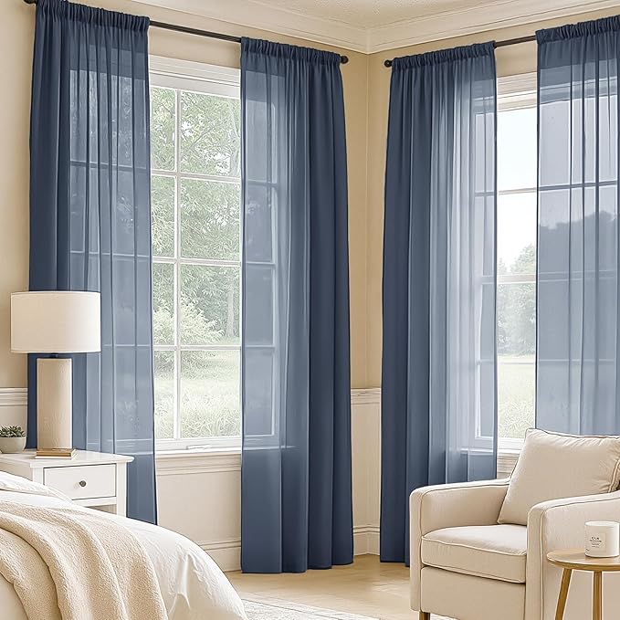 MIULEE Navy Blue Sheer Curtains 84 Inches Long, 4 Panels Set, Light Filtering Rod Pocket Voile Drapes Window Treatments, Semi Transparent Airy Fabric for Bedroom and Living Room, 42 x 84 Inches