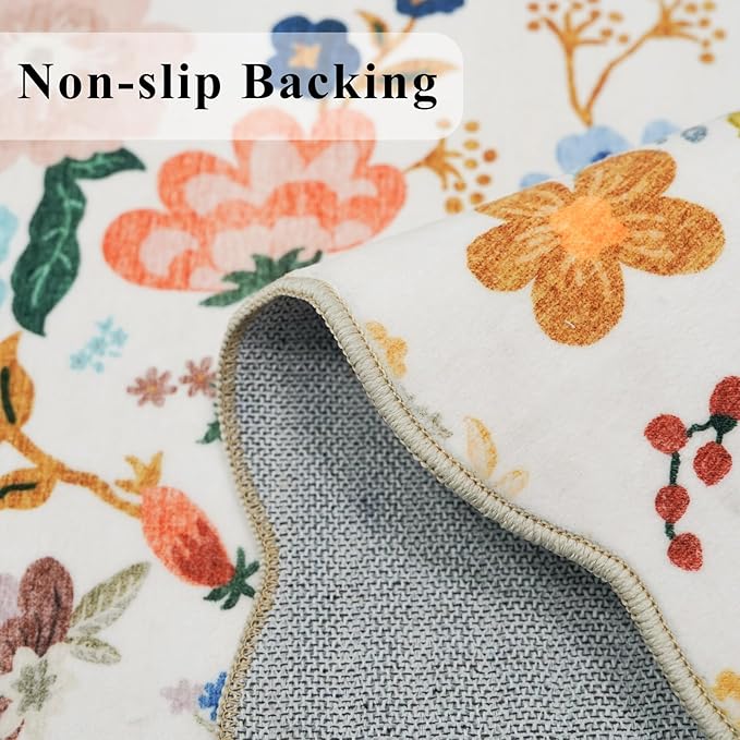 3x10 Washable Hallway Runner Rug: Long Floral Scalloped Soft Runners for Kitchen Entryway Non Slip Bathroom Nursery Floor Mat 10ft Water Resistant Low Pile Carpet for Living Room Bedroom(3x10,Cream)