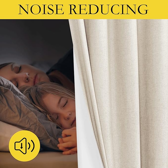 NICETOWN 100% Absolutely Blackout Linen Curtains with Thermal Insulated White Liner, Beige, 62" Wide, 2 Pieces, Privacy Vertical Window Drapes for Office Laundry Living Room Windows 84 inch Long