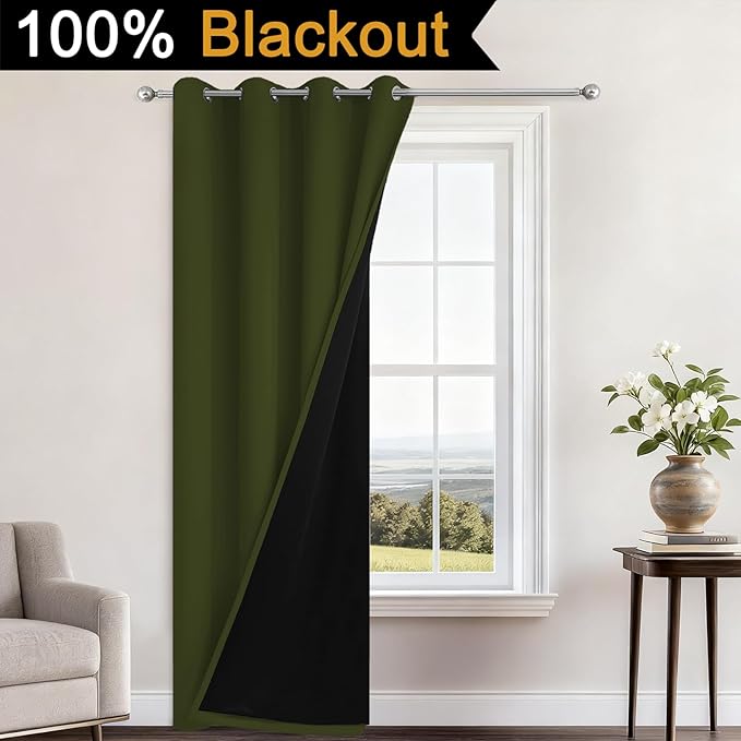 Yakamok 100% Blackout Curtains 84 Inches Long, 2 Thick Layers Heat and Full Light Blocking Soft Thermal Insulated Drapes for Bedroom(52" Wide Each Panel, Olive Green, 1 Panel)