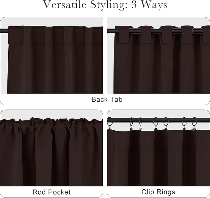 PONY DANCE Short Window Curtains - Back Tab Valances Home Decor Small Panels Light Block for Nursery/Bay Windows Bathroom, 42 Wide x 36 Inches Long, Brown, 2 Pieces