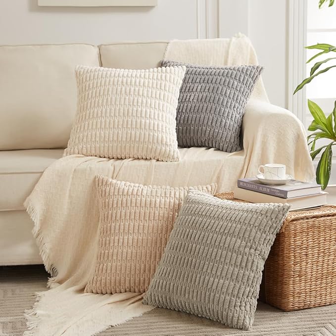 Fancy Homi 4 Packs Boho Cream Decorative Throw Pillow Covers 20x20 Inch for Living Room Couch Bed Sofa, Rustic Modern Farmhouse Home Decor, Soft Plush Corduroy Square Beige Cute Cushion Case 50x50 cm