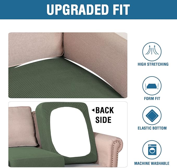 H.VERSAILTEX Super Stretch Couch Cushion Covers Sofa Cushion Slipcovers Jacquard Fabric Individual Seat Couch Slipcover Sets for Pets with Elastic Bottom(3 Packs Cushion Sofa Covers, Bronze Green)