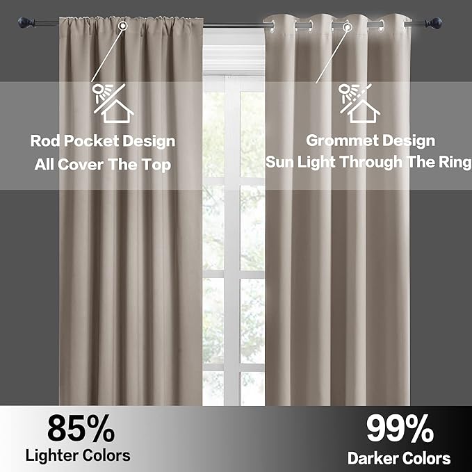 RYB HOME Blackout Curtains for Bedroom Living Room 63 inches Long, Thermal Insulated Privacy Rod Pocket Drapes for Nursery Office Home Theater, Width 42 by Length 63, Sand, 2 Panels