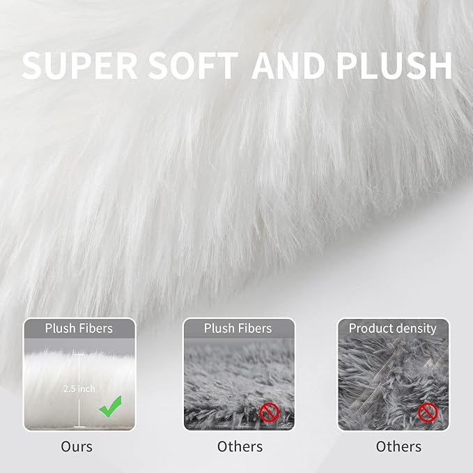Faux Fur Rug for Bedroom, Fluffy Runner Rugs Soft Sheepskin Rug Sofa Couch Seat Cushion, 2x6ft White Plush Area Rug Shag Rugs Floor Carpets for Nursery Bedside, Cute Shaggy Fuzzy Home Decor
