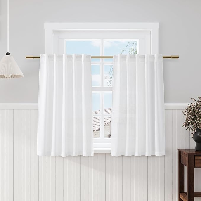 Nanspring Linen White Curtains 45 Inch Length 2 Panels for Kitchen Short Window, Semi Sheer Linen Drapes Modern Light Filtering Back Tab Rod Pocket for Cafe Bathroom 29 X 45