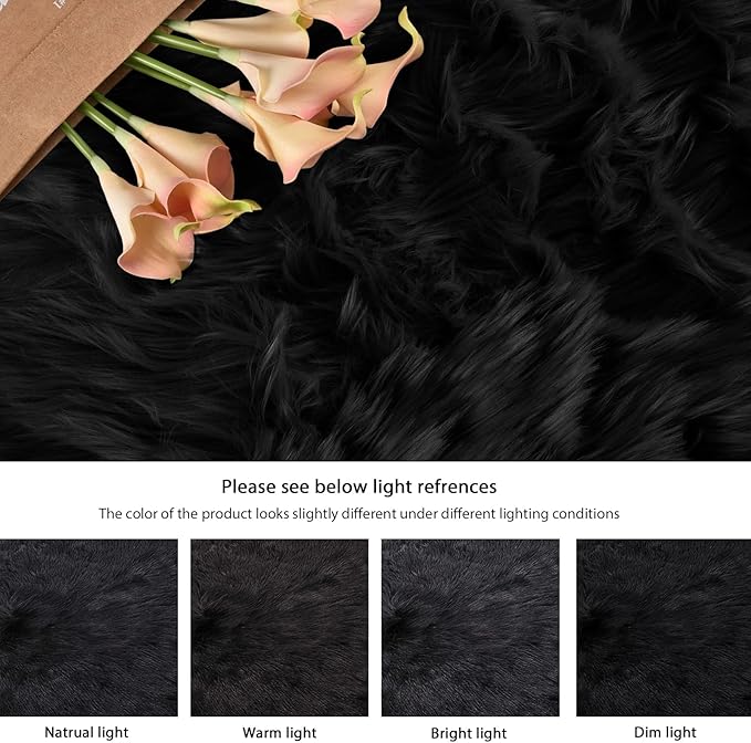 ORINOVA Black Washable Fluffy Area Rugs for Bedroom Shaggy Faux Sheepskin Fuzzy Fur Carpet for Living Room Hallway Nursery Rugs Runner 2x6