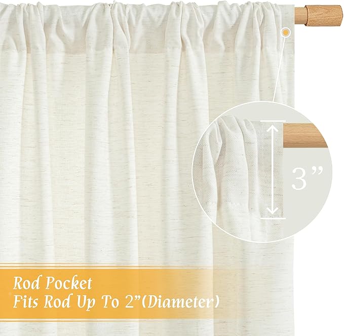 LAMIT Cream Sheer Linen Curtains for Bedoom, 45 Inches Long Faux Linen Textured Light Filtering Panels Rod Pocket Neutral Drapes for Kitchen/Window/Living Room, 2 Panels Set, 42 x 45 Inch