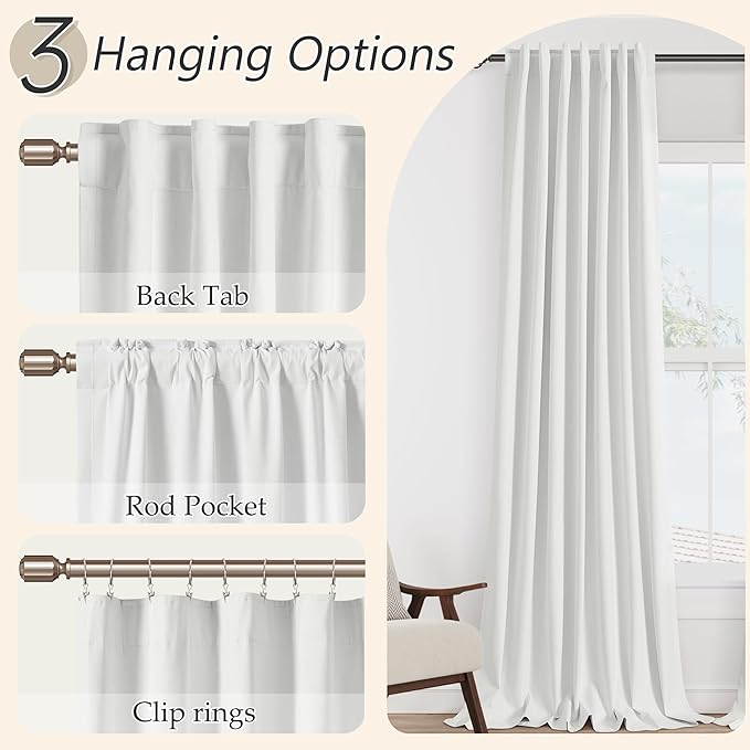 Guken White 100% Blackout Linen Curtains 100 Inch Wide by 90 Inch for Living Room Bedroom Back Tab Thermal Insulated Black Out 1 Drapes Room Darkening Window Curtains,1 Panel