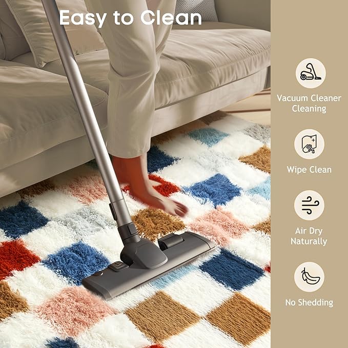 Ophanie Checkered Rainbow Rug for Living Room Bedroom, Colorful Fluffy Soft Cute Fuzzy Area Rugs, Shag Plush Shaggy Bedside Floor 8x10 Furry Carpet for Kids Teen Dorm Nursery Home Decor Aesthetic
