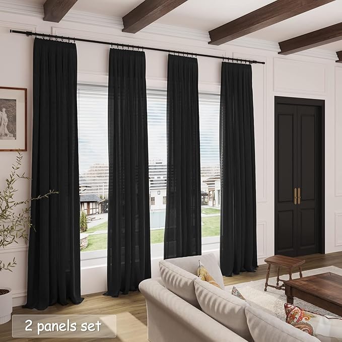 Nanspring Extra Long Black Linen Curtains 108 Inches Long 2 Panels Set for Living Room Privacy Simple Modern Semi Sheer Curtains Linen Textured Curtain for Bedroom Large Window 70x108