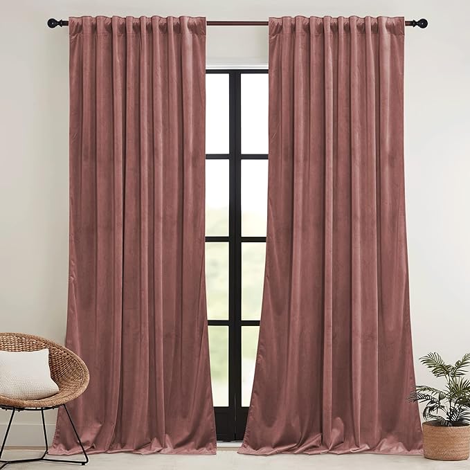 RYB HOME Pink Velvet Curtains 72 inches with Hook Belt, Soft Fabric Room Darkening Thermal Insulated Luxurious Home Decor Curtains for Living Room Bedroom, W 52" x L 72", 2 Panels Set