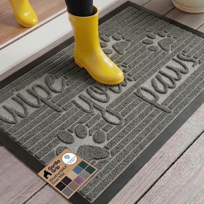 GORILLA GRIP 100% Waterproof All-Season WeatherMAX Doormat 35x23, US Designed Natural Rubber, Stain and Fade Resistant, Low Profile Indoor Outdoor Door Mats, Easy Clean Patio Mat, Stone Paws