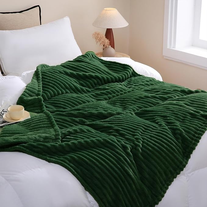Dark Green Fleece Throw Blanket 50”×70” for Couch Sofa Bed,Super Soft Cozy Plush Microfiber Flannel Blanket with Stripes Design Lightweight for Adults,Woman,Girls