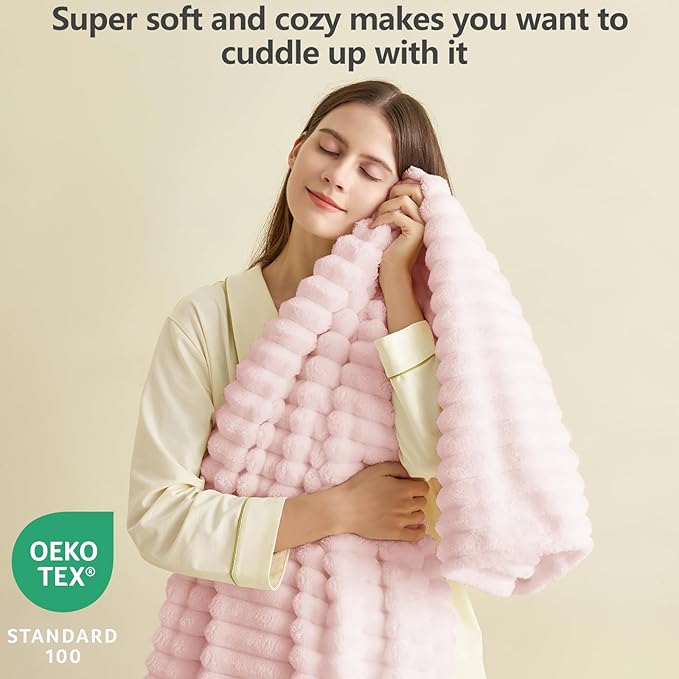HIMEET Pink Ribbed Throw Blanket for Couch - 300GSM Lightweight Soft Fleece Blanket for Women, Cozy Blankets for Mothers Gifts, Striped Spring Home Room Decor, Pink, 50x60 Inches