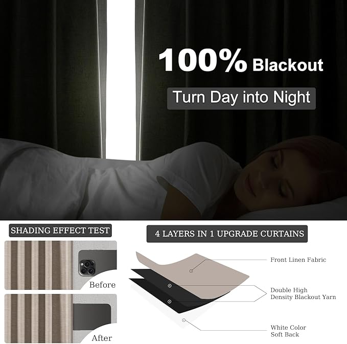 Linen Blackout Curtains 120 Inches Long for Bedroom 100% Black Out Luxury Farmhouse Ceiling Track Curtains with Hooks Drapes for Sliding Glass Patio Doors Inside 10 ft Large Window (W52 xL120 2Panels)