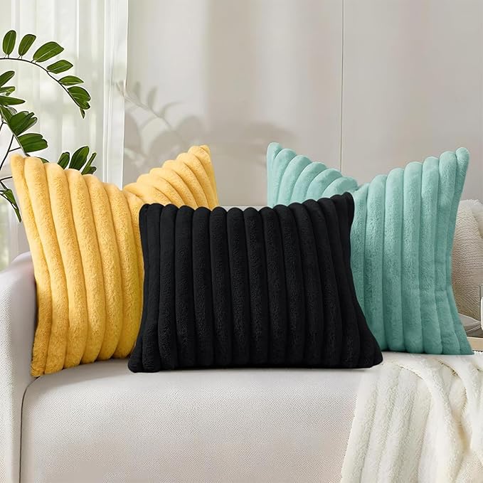 decorUhome Summer Cozy Faux Fur Throw Pillow Covers 20x20 Set of 2 Decorative Soft Plush Striped Modern Farmhouse Boho Couch Pillow Cases with Velvet Back for Sofa Bed Living Room, Mustard Yellow