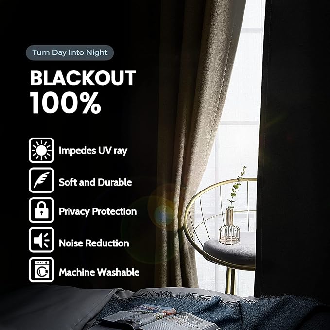 SimpleHome 100% Blackout Curtains for Bedroom,Thermal Insulated Beige Grommet Window Drapes Room Darkening Curtains for Living Room with Black Back,38 x 84 Inch,2 Panels