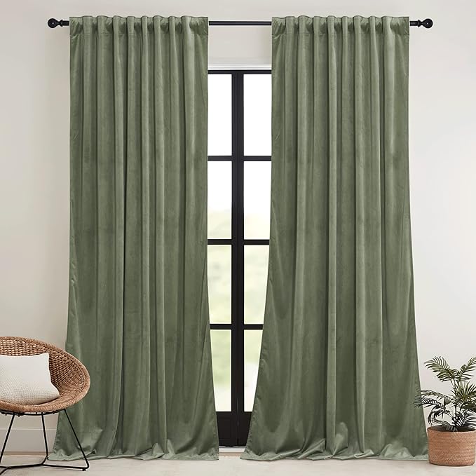 RYB HOME Sage Green Velvet Curtains 108 inch, Room Darkening Super Soft Velvet Drapes for Living Room Thermal Insulated Pleat Tapes Window Treatment for Bedroom Playroom, W52 x L108 inch, 2 Panels