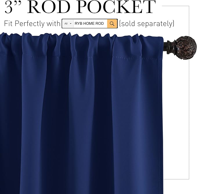 RYB HOME Blackout French Door Window Curtain Covering, Rod Pocket Thermal Insulated Privacy Non See Through Drapes for Bathroom Window, Width 29 by Length 45, Marine Blue, 2 Panels