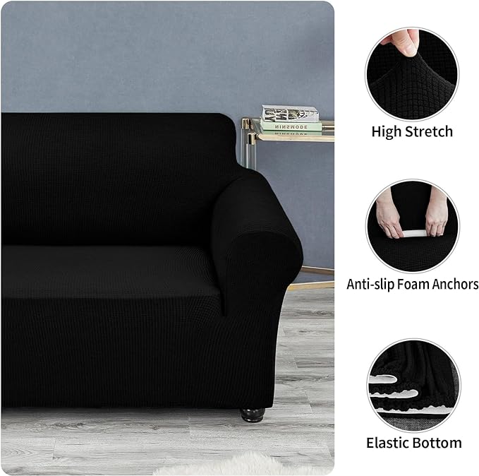 Joccun Stretch Loveseat Couch Cover Slipcover, 1-Piece Sofa Cover for 2 Cushion Couch Spandex Jacquard Washable Furniture Protector Cover for Living Room,Kids,Pets（Loveseat,Black）