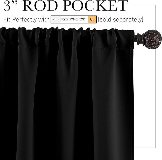 RYB HOME Bedroom Blackout Curtains - Black Curtains Solar Light Block Insulated Drapes Energy Saving for Bedroom Dining Living Room, 42 x 45 inches Long, Black, Set of 2 (Pack of 2)