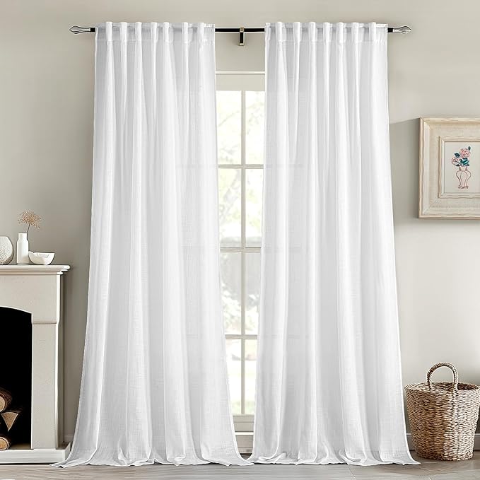 MIULEE White Linen Curtains 95 Inch Long 2 Panels for Bedroom Living Room, Soft Thick Linen Textured Back Tab Window Drapes Semi Sheer Light Filtering Rod Pocket Modern Farmhouse Decor