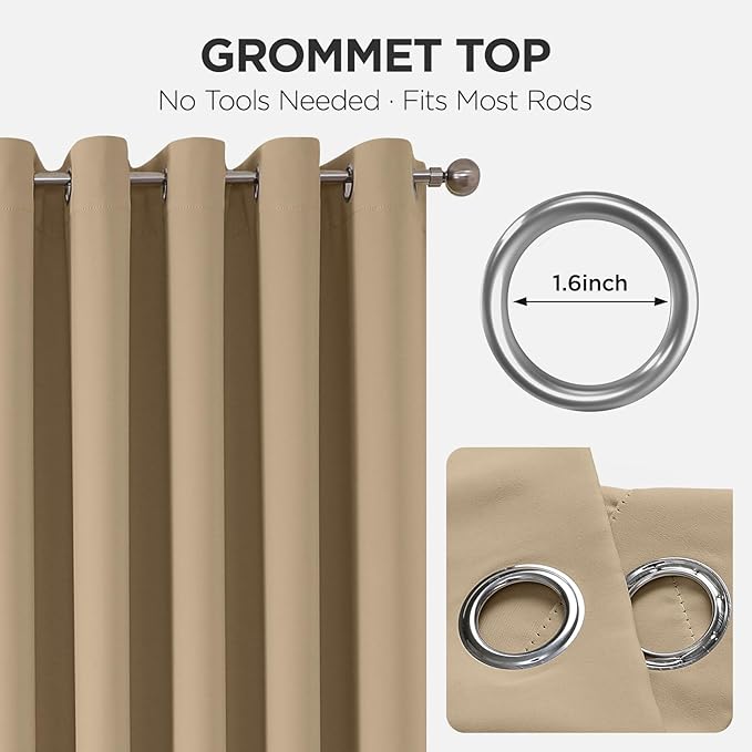 Joydeco Blackout Patio Sliding Door Curtains 90 Inches Long, Grommet Privacy Room Divider Curtains, Extra Wide Thermal Blackout Drapes for Bedroom Living Room (Light Beige, 80Wx90L, 1 Panel)