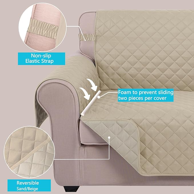 U-NICE HOME Recliner Chair Covers Reversible Quilted Water Repellent Pet Protectors with Elastic Straps (23''Recliner Small, Sand/Beige)