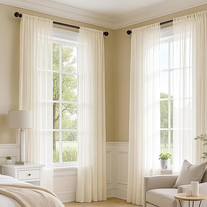 MIULEE Butter Cream Sheer Curtains 108 Inches Long, 4 Panels Set, Rod Pocket Voile Drapes Light Filtering and Semi Transparent, Elegant Window Treatments for Bedroom Living Room,42 x 108 Inches