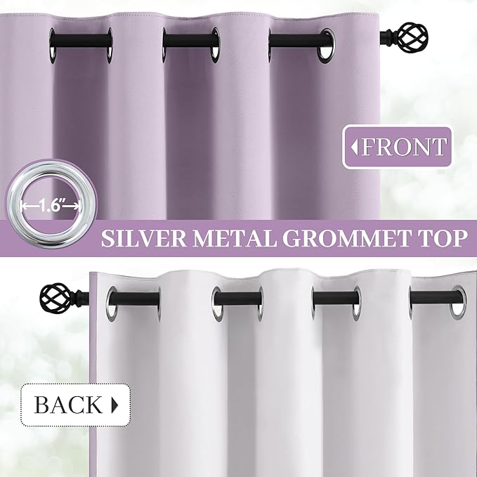 Yakamok Lilac 100% Blackout Curtains 63 Inches Long with 2 Thick Layers-Light Purple Room Darkening Thermal Insulated Window Curtain Set of 2 Panels for Bedroom Living Room 38x63 Inches,Lavender