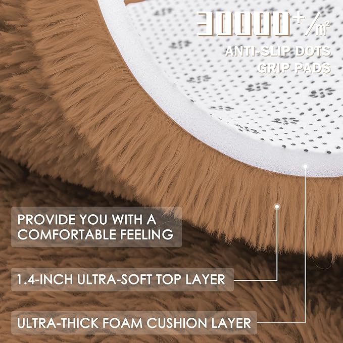 OLANLY Khaki Round Rugs for Bedroom - Machine Washable, 4 ft Circle Area Rugs for Living Room, Soft and Fluffy Shaggy Carpet for Teen Girl and Boys, Nursery Rooms, Dorms, Home Decor Aesthetic