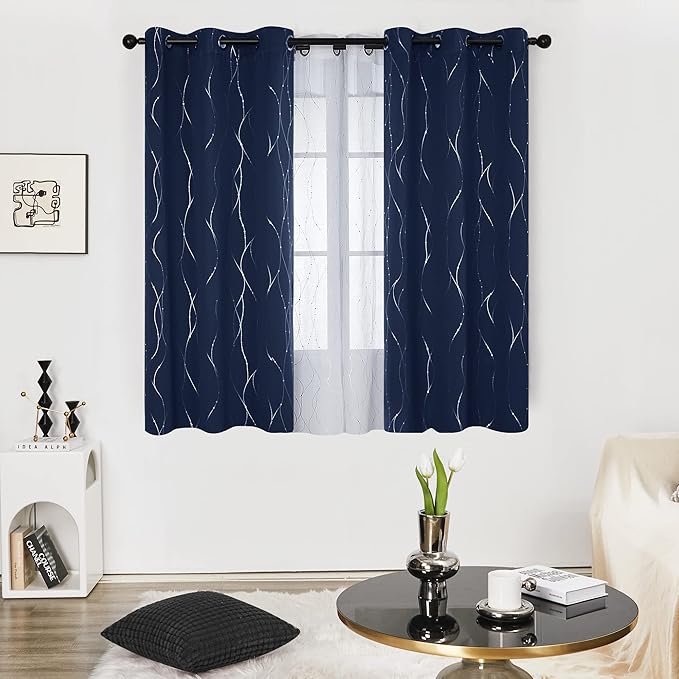 Deconovo Short Kitchen Curtains, Navy Blue Blakcout Curtain 38 x 45 Inch, Thermal Insulated Soundproof Drapes with Silver Wave Dots Prit, Grommet Top, Machine Washable for Nursery Bedroom Living Room