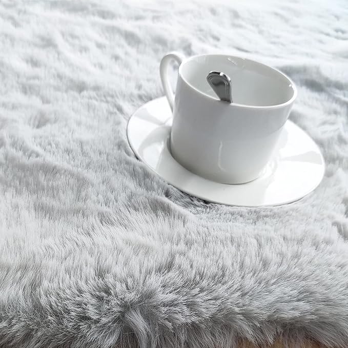 Ghouse Faux Rabbit Fur Round Rug 8ft Grey Round Rugs for Bedroom Decor Fluffy Area Rugs for Living Room, no-Shedding Carpet Sheepskin Washable Rug Rome Decor
