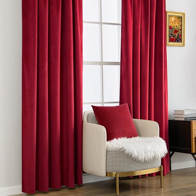 MIULEE Velvet Curtains 90 inches - Luxury Blackout Curtains for Bedroom Living Room Thermal Insulated Super Soft Window Drapes Rod Pocket & Back Tab Christmas Decor, Red, W52 x L90 inches, 2 Panels