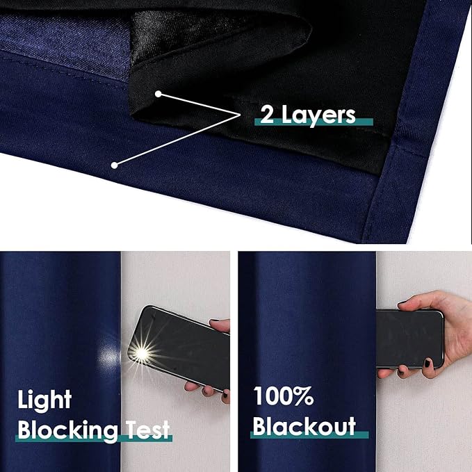 ChrisDowa 100% Blackout Curtains 84 inch Long for Bedroom with Black Liner, 2 Thick Layers Total Blackout Thermal Insulated Grommet Window Curtains 2 Panels Set (Navy Blue, 38 x 84 Inch)