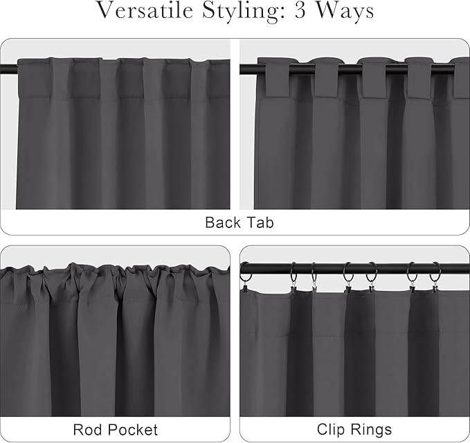 PONY DANCE Window Curtains 36 Inches - Short Valances Tiers Rod Pocket & Back Tab Curtain Panels Light Blocking for Kitchen Bathroom, W 42 x L 36 Inches, Grey, Set of 2