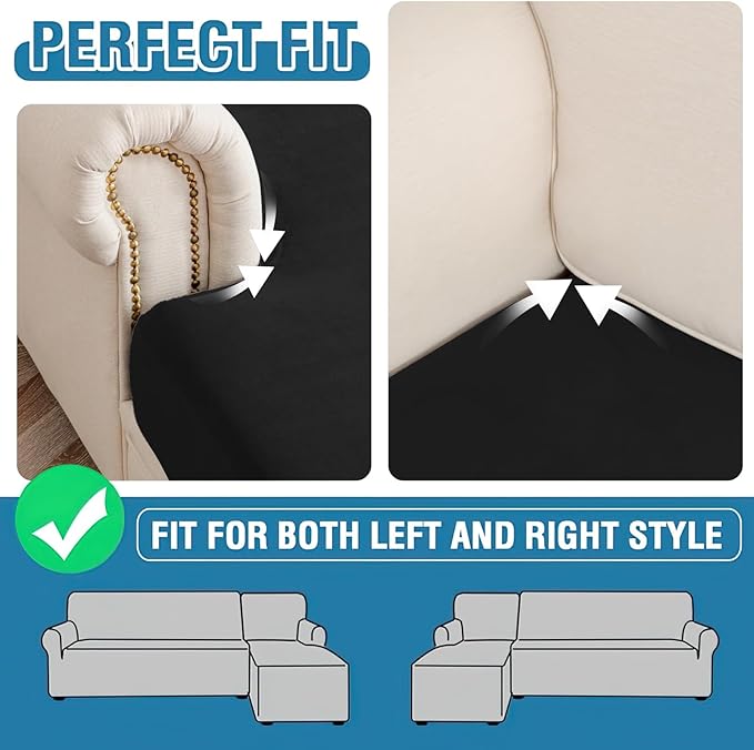 Couch Cover 3-Piece Elastic Velvet Couch Cushion Covers & Chaise Slipcovers for L-Shaped Sofas, Sofa Seat Covers Washable, Soft Cover for Couches (2 Seater + Chaise, Black)