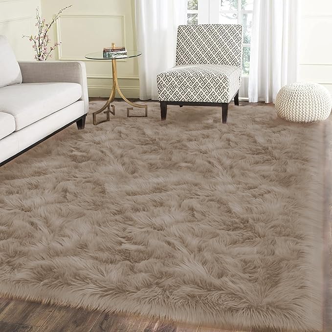 Latepis Light Brown Beige Living Room Rugs Faux Sheepskin Fur 5x7 Area Rugs for Bedroom Fluffy Washable Rug Large Plush Fuzzy Floor Rug Home Decor Rectangle