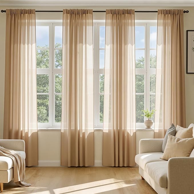 MIULEE Brown Sheer Curtains 108 Inches Long, 4 Panels Set, Rod Pocket Voile Drapes Light Filtering and Semi Transparent, Elegant Window Treatments for Bedroom Living Room,42 x 108 Inches