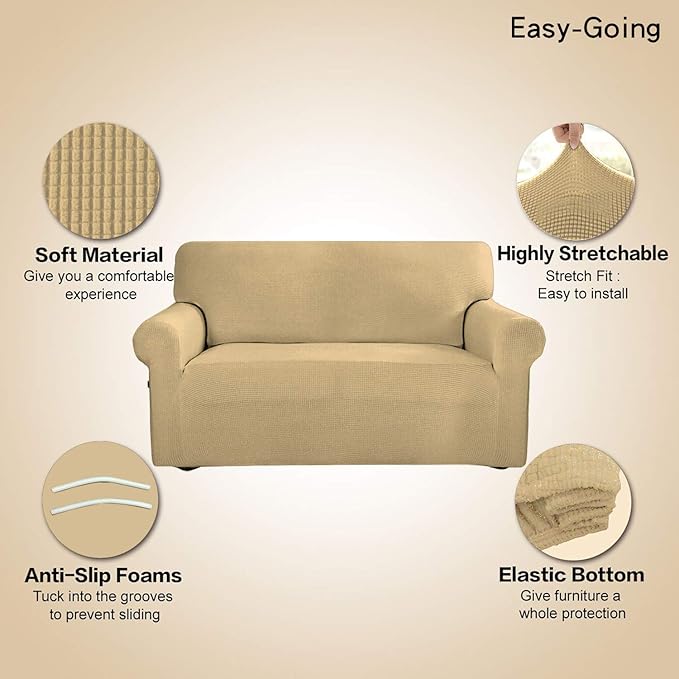 Easy-Going Stretch 4 Seater Sofa Slipcover 1-Piece Sofa Cover Furniture Protector Couch Soft with Elastic Bottom for Kids, Polyester Spandex Jacquard Fabric Small Checks Beige