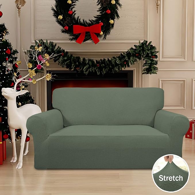 Easy-Going Stretch Loveseat Slipcover 1-Piece Sofa Cover Furniture Protector Couch Soft with Elastic Bottom for Kids Polyester Spandex Jacquard Fabric Small Checks (Loveseat, Greyish Green)