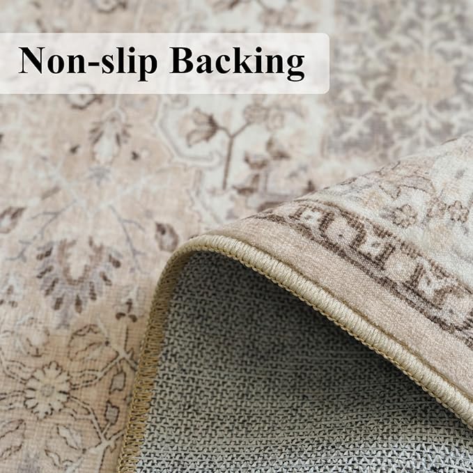 7x7 Living Room Area Rug: Washable Oriental Printed Soft Round Rug for Bedroom Besides Non-Slip Low-Pile Carpet for High-Traffic Area Indoor Stain Resistant Distressed Home Decor Mat(7Round,Beige)