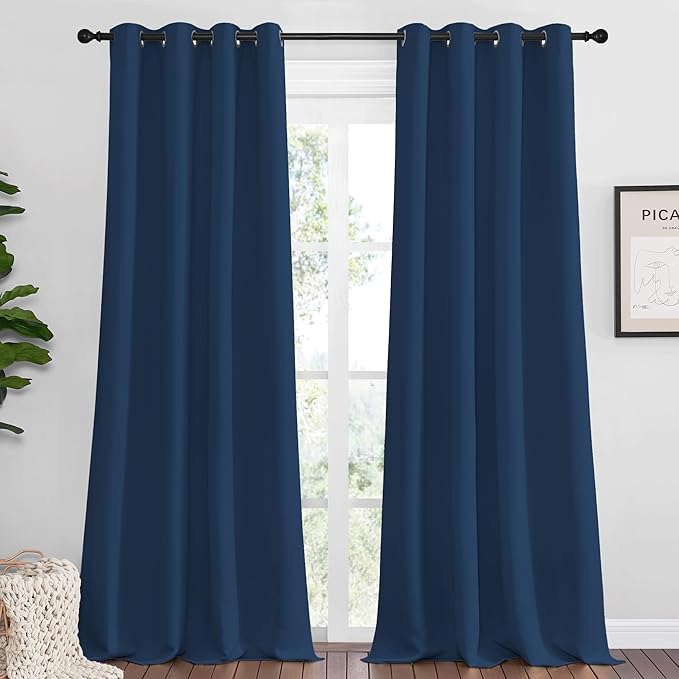 NICETOWN Blackout Curtains Panels for Bedroom, Morrocan Blue 2 Panels, 52 x 92 Inch, 3 Pass Microfiber Noise Reducing Thermal Insulated Solid Ring Top Blackout Window Drapes