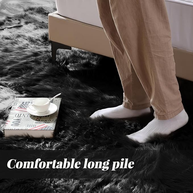 ORINOVA Black Fluffy Faux Sheepskin Washable Fur Area Rugs for Bedroom Living Room Small Shag 2x4 Furry Nursery Rug