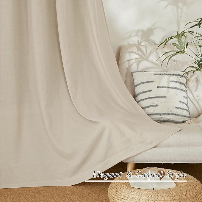 NICETOWN Thick Linen Blend Curtains Flax Textured for Bedroom, Rustic Grommet Semi Sheer Privacy Added Window Curtains & Drapes Light Filtering for Nursery, Angora, W42 x L63, Set of 2